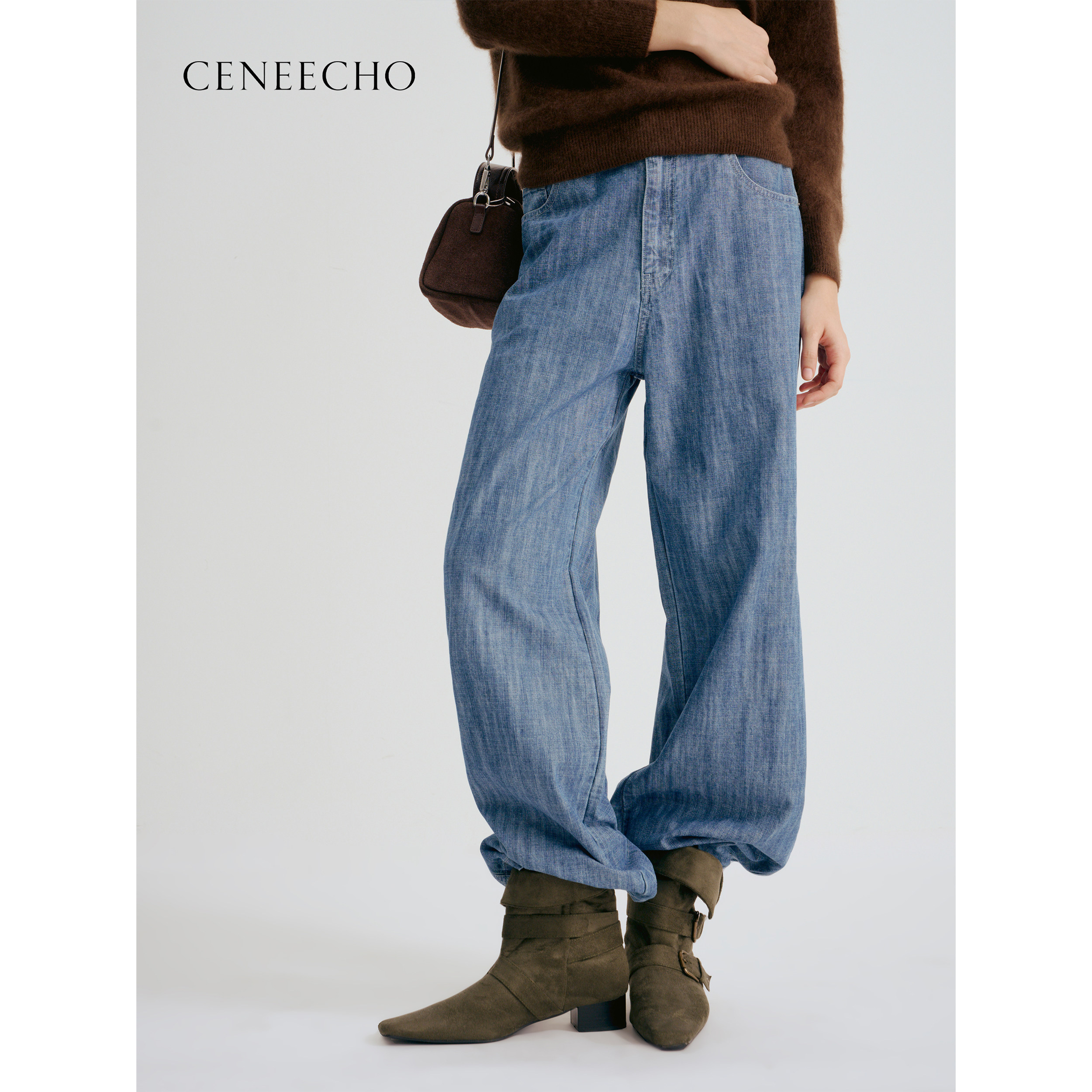 CENEECHO100%棉水洗百搭直筒牛仔裤女复古丹宁休闲宽松阔腿长裤