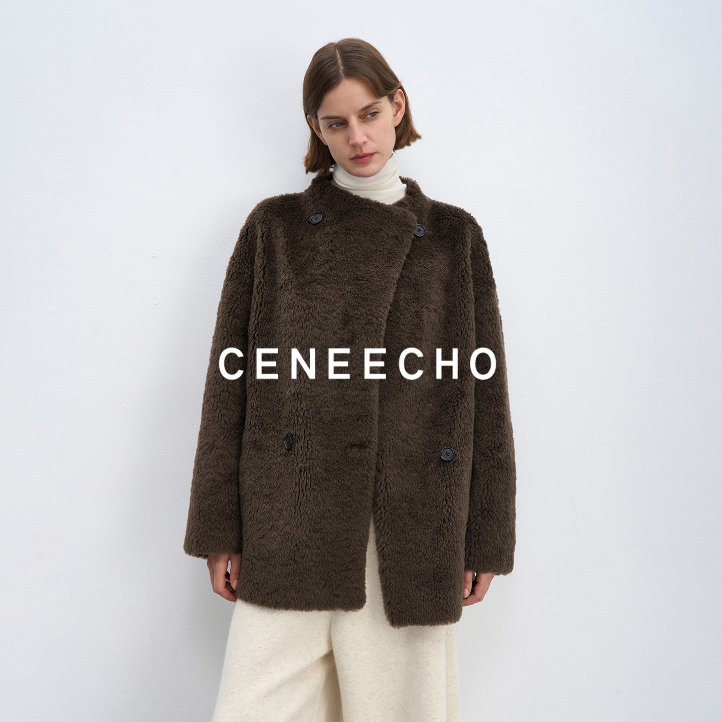 CENEECHO 绵羊毛立领皮毛一体加厚保暖外套女极简四粒扣颗粒大衣