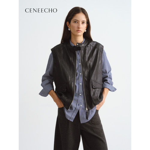 CENEECHO可妮周同款 休闲风黑色PU皮衣马甲女无袖立领拉链皮外套