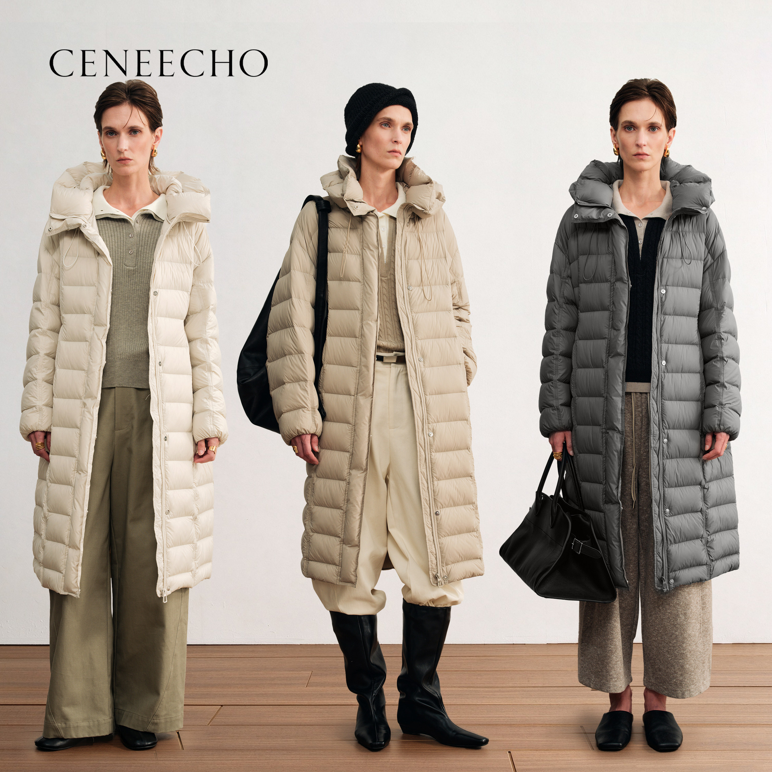 CENEECHO90国标白鸭绒长款排骨羽绒服收腰显瘦羽绒服保暖连帽外套