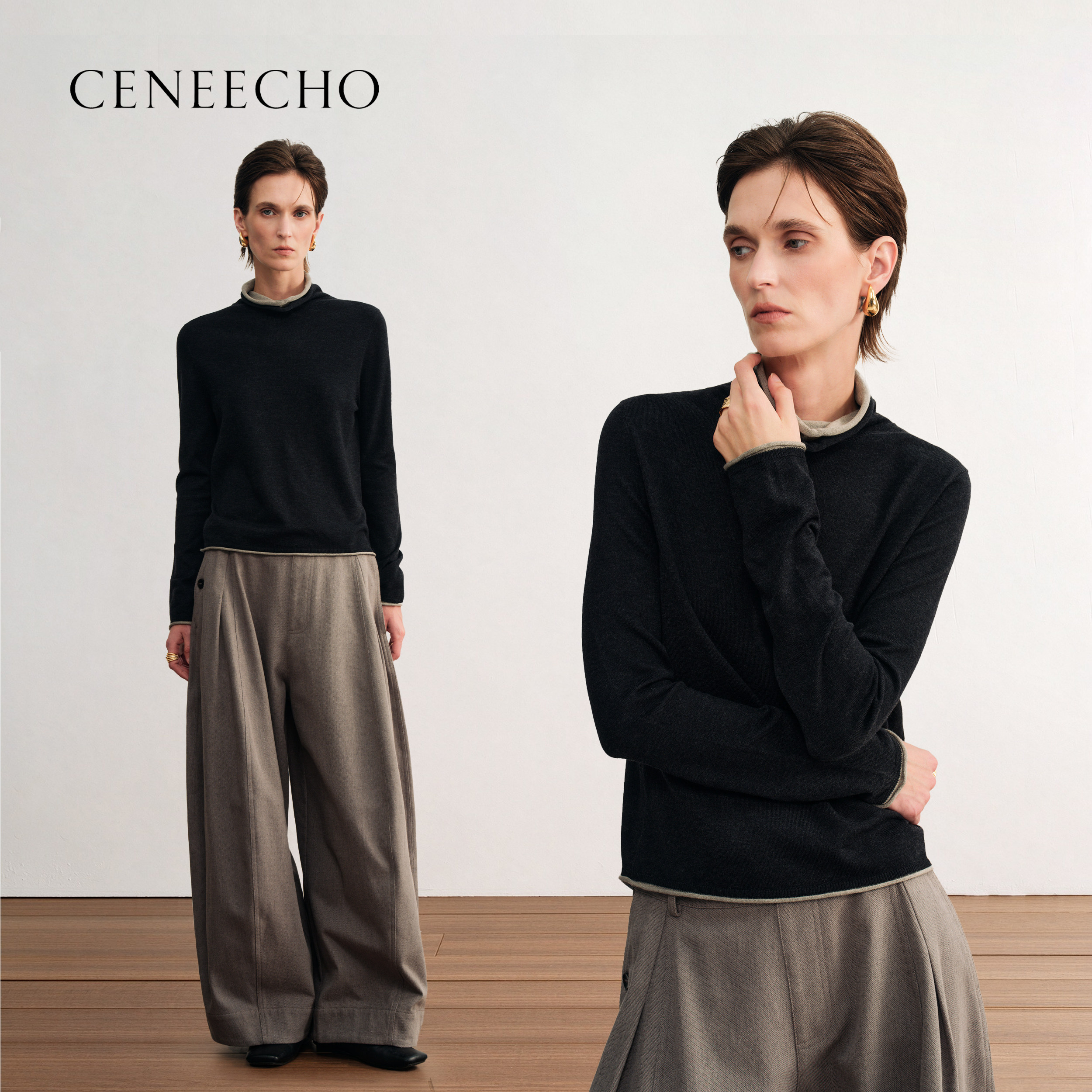 CENEECHO“秋序绒衫”绵羊毛高领打底衫撞色堆叠内搭百搭上衣T恤