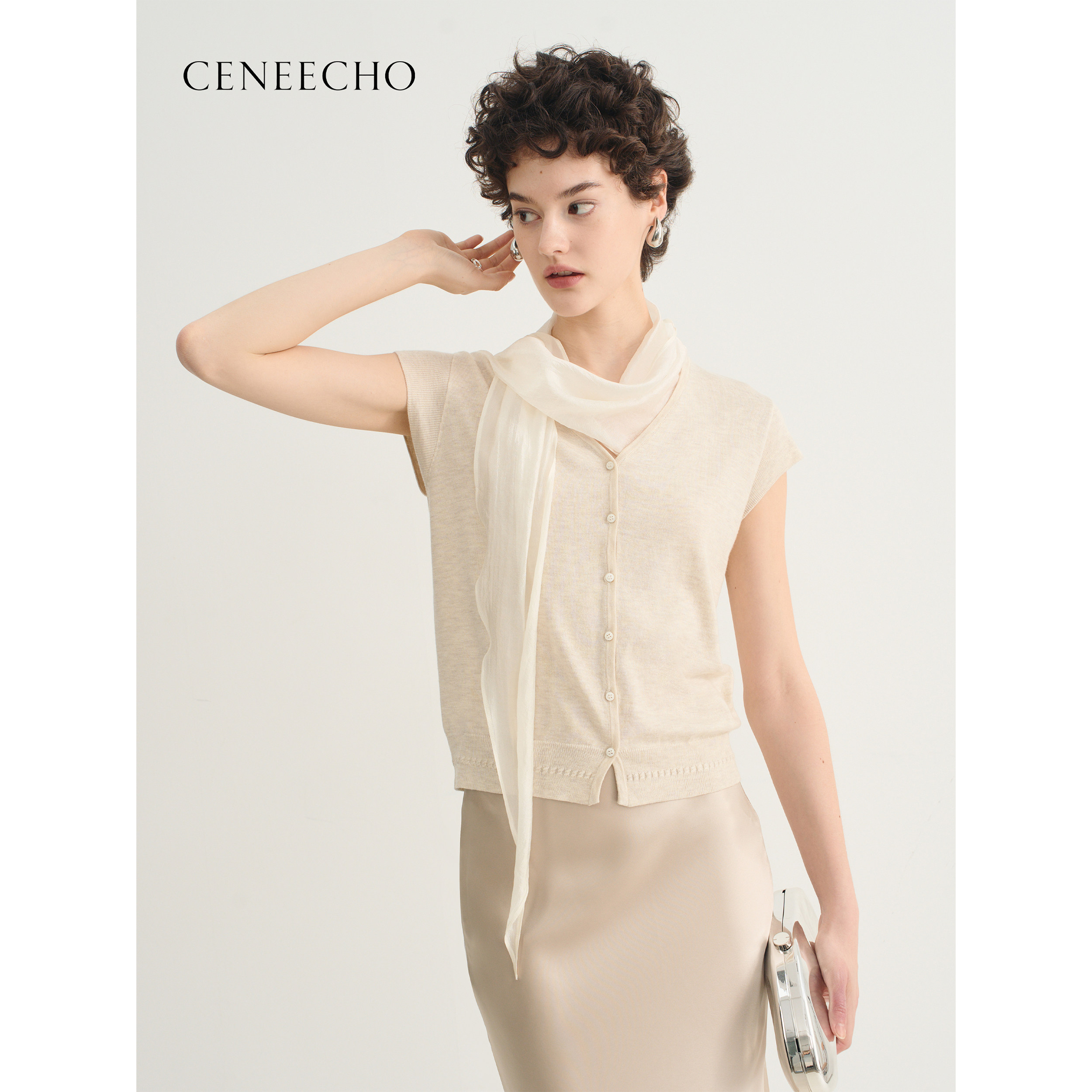 CENEECHO羊毛混纺法式温柔风网纱飘带 V领针织衫女纽扣开衫上衣