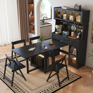 全实木餐边柜餐桌一体靠墙储物柜餐桌椅组合可移动折叠饭桌餐桌