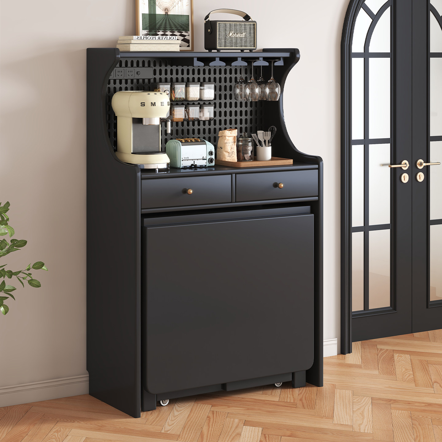 实木折叠餐桌餐边柜一体靠墙餐椅组合多功能餐边柜靠墙一体储物柜