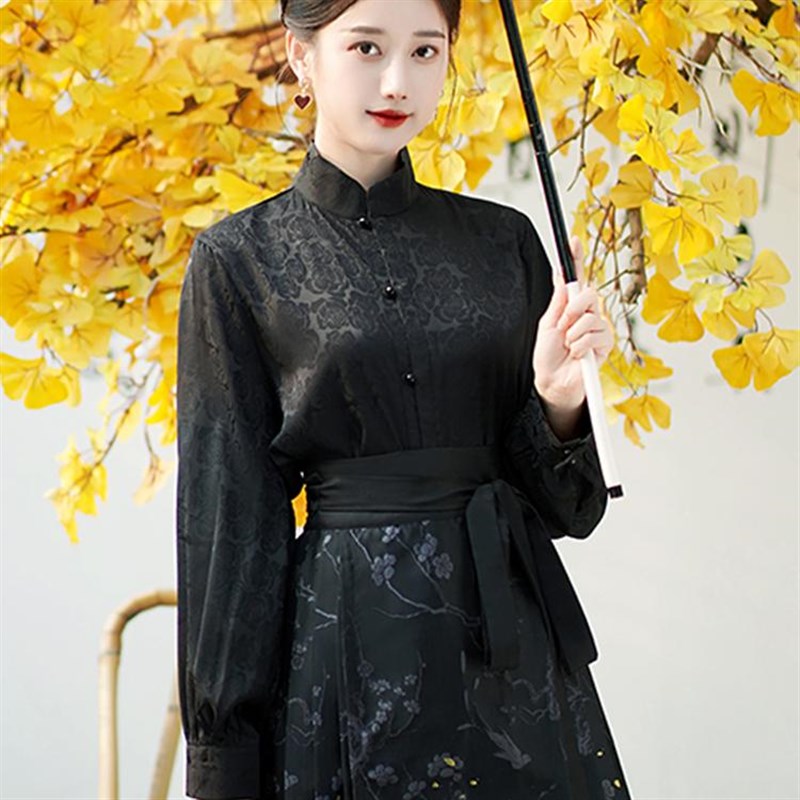 速发马面裙搭配的上衣女新中式国风衬衫对襟立领黑色提花长袖衬衣