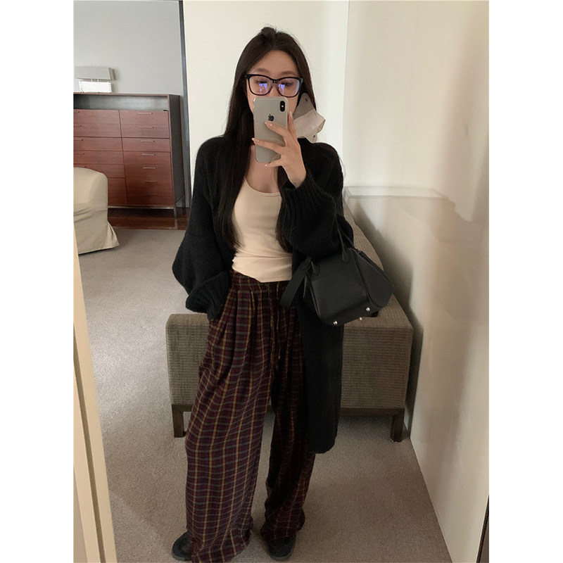 极速美式复古中长款毛衣外套+吊带背心F+格子阔腿裤女春季2024新