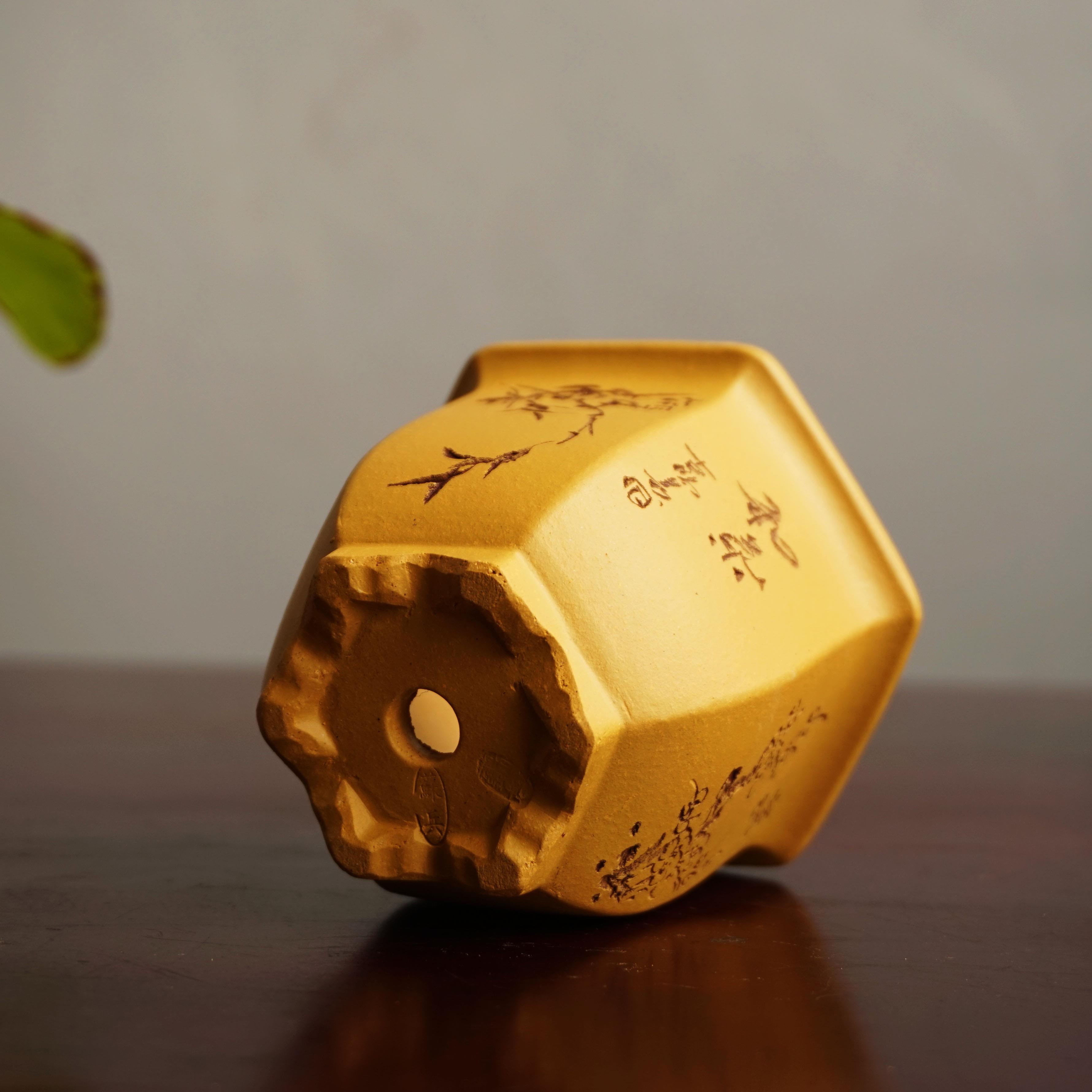 厂家玲珑 宜兴原矿紫砂花盆 菖蒲 盆景 苏兵手工刻绘黄金段泥六方