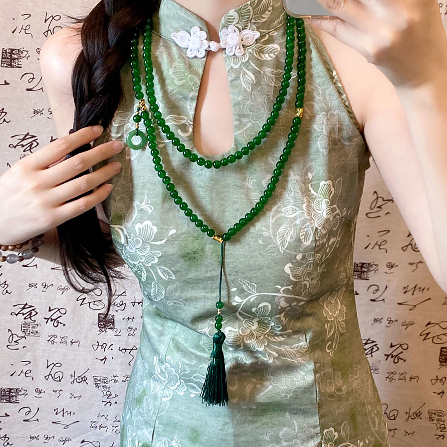 国风绿色流苏串珠项链新中式古风毛衣链长款斜挎链双层叠戴配饰品
