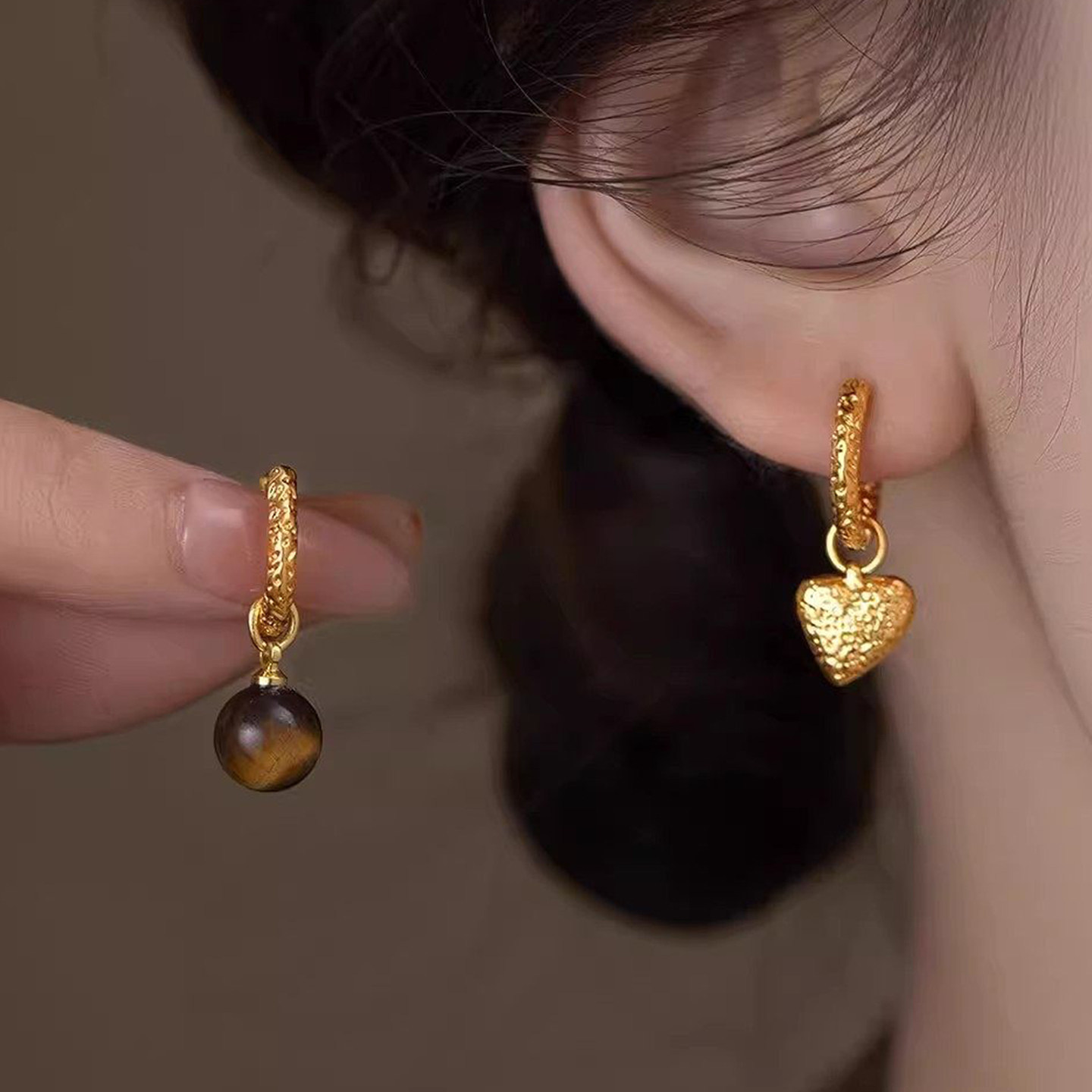 S925银美拉德虎眼石爱心不对称耳扣真金电镀耳圈复古气质耳环耳饰,饰品/流行首饰/时尚饰品新,耳环,淘宝优惠券,粉丝福利购,淘宝优惠卷