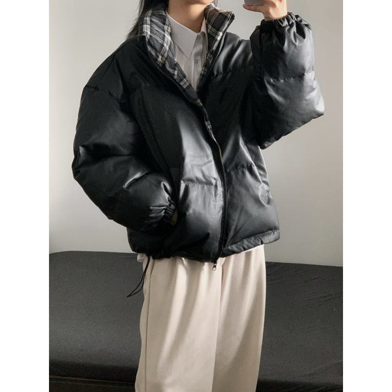 WTMP格子拼接内里立领皮衣棉服