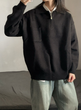 wtmp秋季日系复古设计半拉链翻领毛衣男女潮牌宽松休闲慵懒针织衫