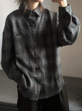 wtmp秋季日系复古加厚磨毛呢格子衬衫长袖男潮牌宽松撞色休闲衬衣