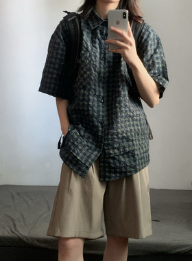 wtmp夏季日系复古泡泡纱立体格子短袖衬衫男女潮牌设计不规则衬衣