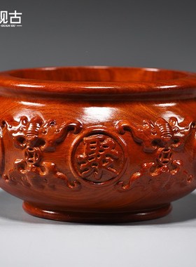 速发花居木雕刻店宝盆摆件红木工艺家梨客厅装饰聚宝盆聚铺开业送