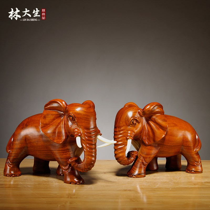速发实木业雕刻一对大象摆件花梨木象家居客厅电视柜装饰工艺开质