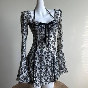 新款纯欲连体裙式泳衣保守显瘦立体植绒印花温泉度假泳装微胖大码