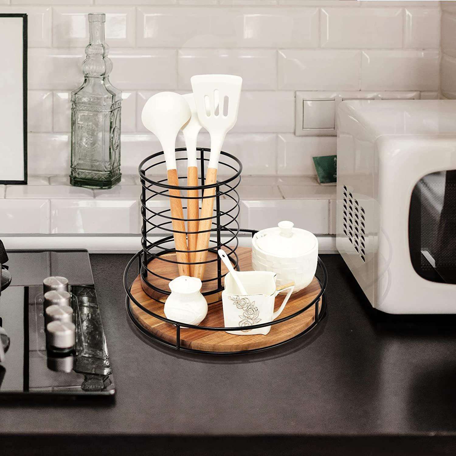 木质旋转置物架铁木结合收纳托盘木质厨房调味品托盘苏珊转盘