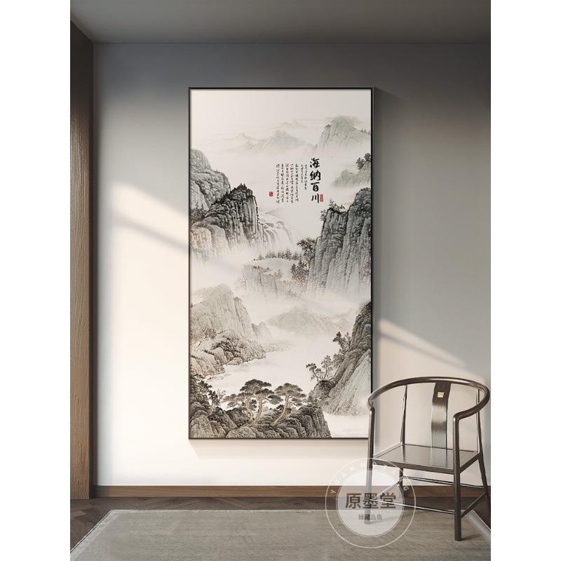 入户正对门玄关装饰画竖版山水挂画中国风走廊尽头过道墙壁水墨画