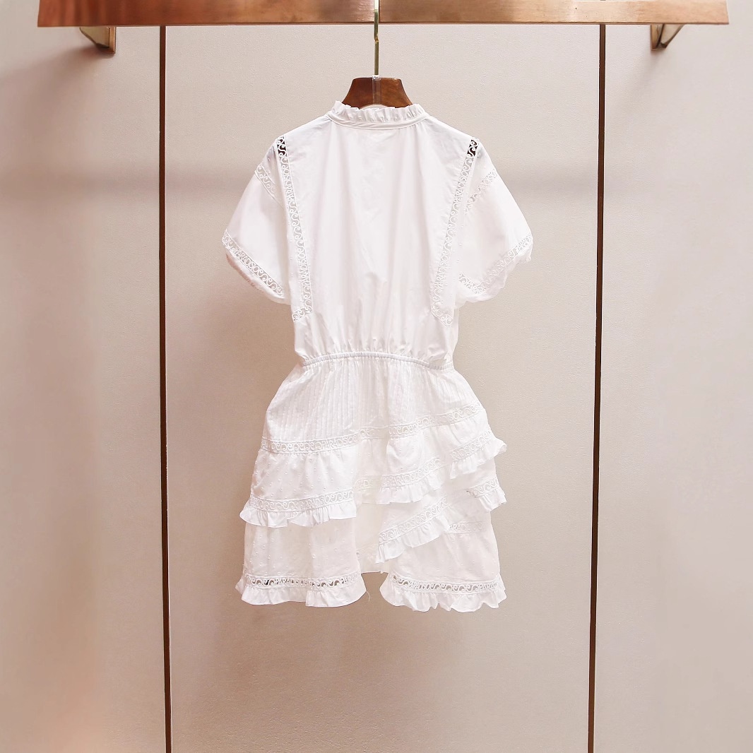 M家2024年夏季新款法式浪漫度假风系带泡泡袖蛋糕短款长袖连衣裙