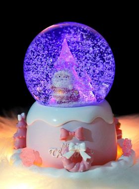 伴手飘雪粉色彩灯音乐盒礼物外