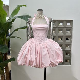 亚马逊少女夏季 一字领甜美风连衣系带蓬蓬多巴胺收腰短裙新款 挂脖
