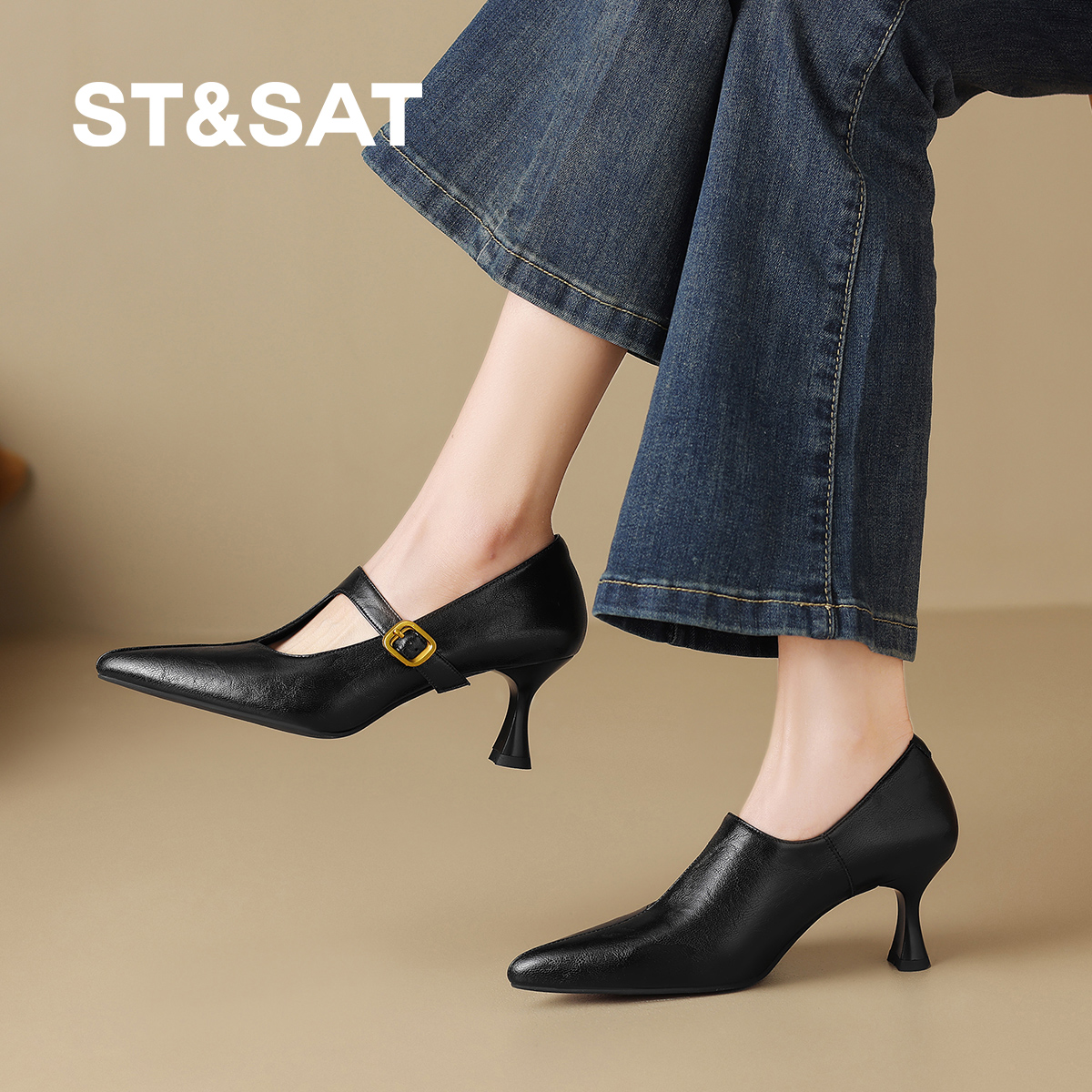 星期六优雅气质尖头单鞋女春秋新款软底高跟鞋复古细跟百搭小皮鞋