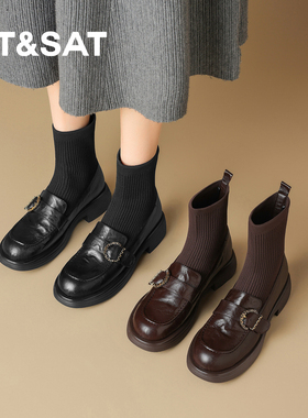 星期六2026新款法式复古弹力袜靴女粗跟保暖乐福女鞋通勤时装女靴