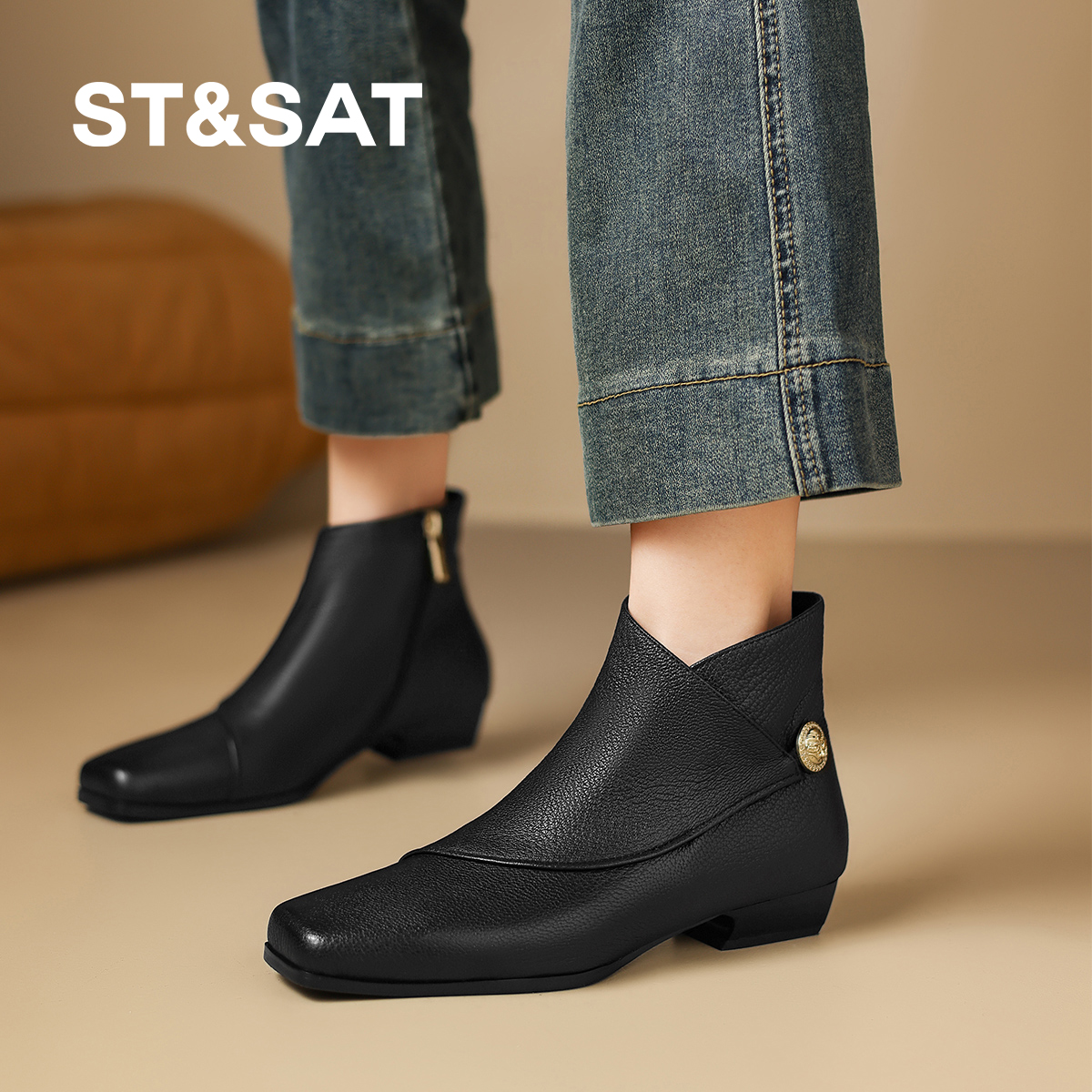 星期六2025秋冬喜暖短靴女粗跟方头百搭通勤靴加绒保暖瘦瘦靴子