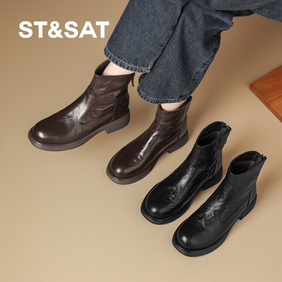 星期六2025新款复古短靴女粗跟圆头百搭瘦瘦靴冬季加绒保暖时装靴