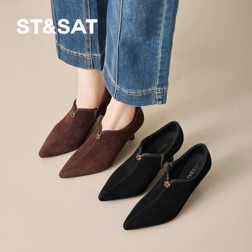 星期六2025新款法式黑色尖头高跟深口女单鞋细跟不累脚百搭通勤鞋