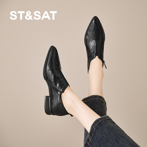 星期六2025新款复古尖头小皮鞋女软底不累脚粗跟通勤鞋夏季深口单