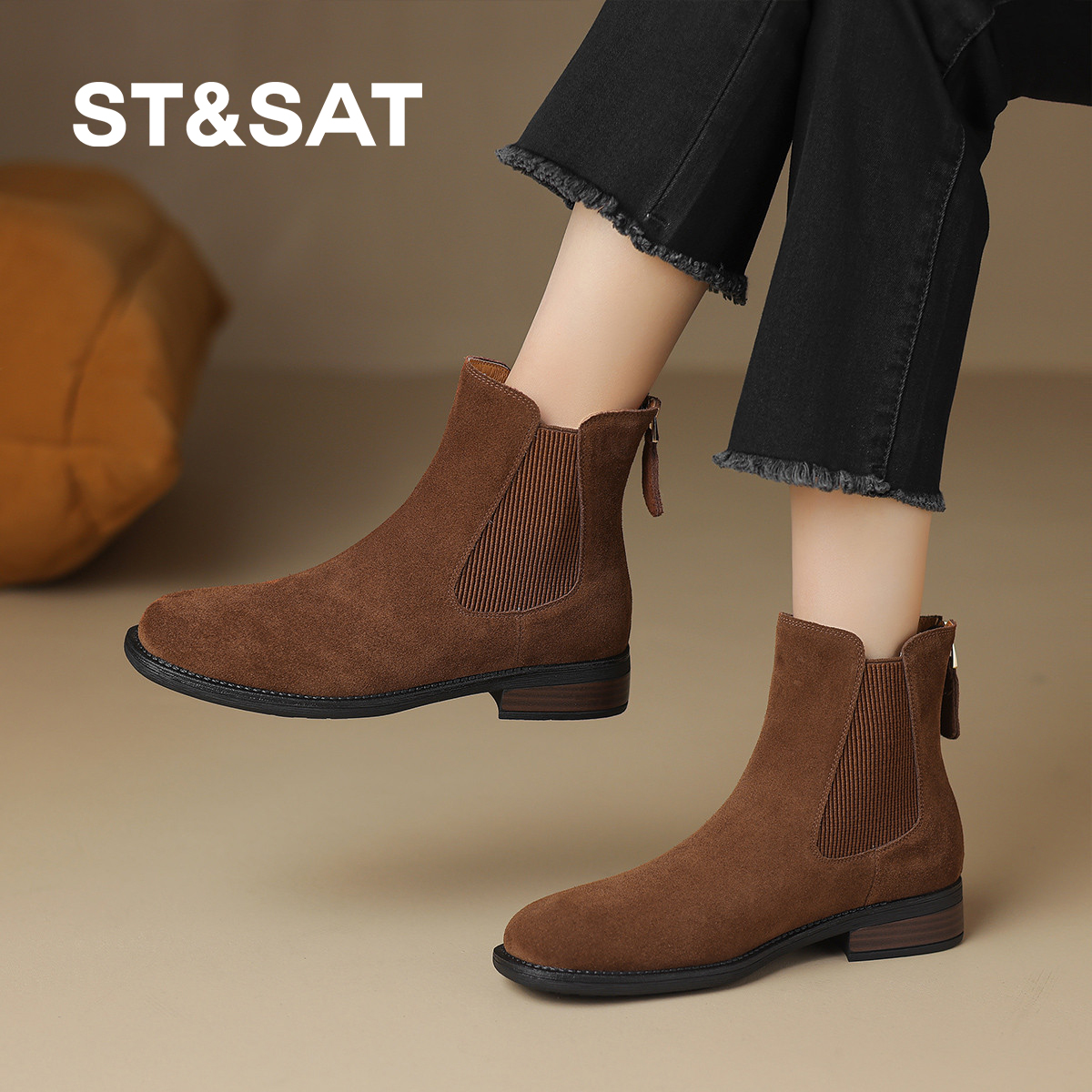 星期六真皮妈妈鞋中年短靴女靴子皮鞋2025新款春秋冬季粗跟高跟鞋
