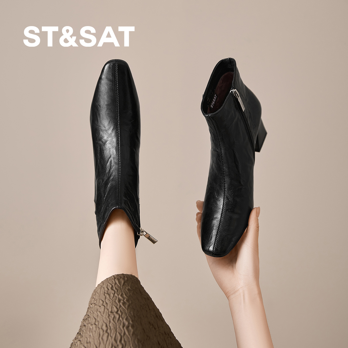 星期六2025新款短筒通勤靴秋冬百搭粗跟时装靴女靴子高跟瘦瘦靴