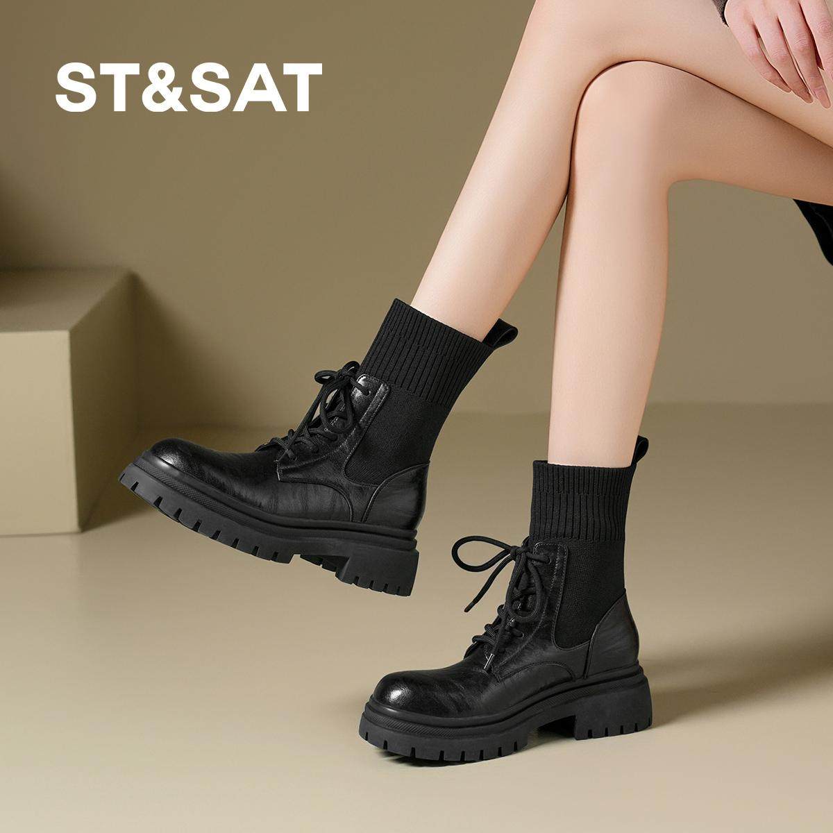 厚底黑色针织袜靴英伦风马丁靴