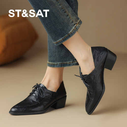 星期六法式尖头复古小皮鞋女2025新款深口高跟女单鞋百搭通勤鞋