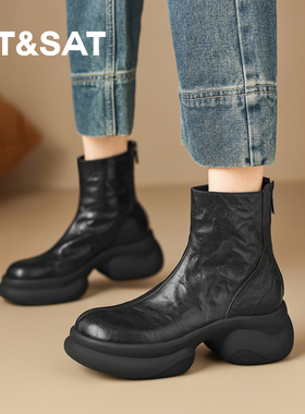 星期六新款厚底圆头复古短靴女通勤百搭瘦瘦靴软底不累脚切尔西靴