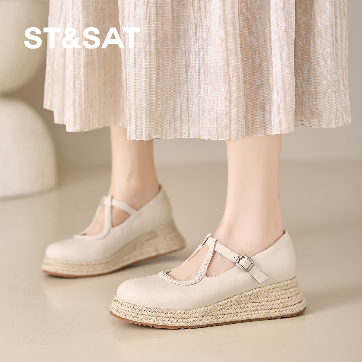 星期六平底编织小香风浅口单鞋女2025新款玛丽珍法式厚底乐福鞋