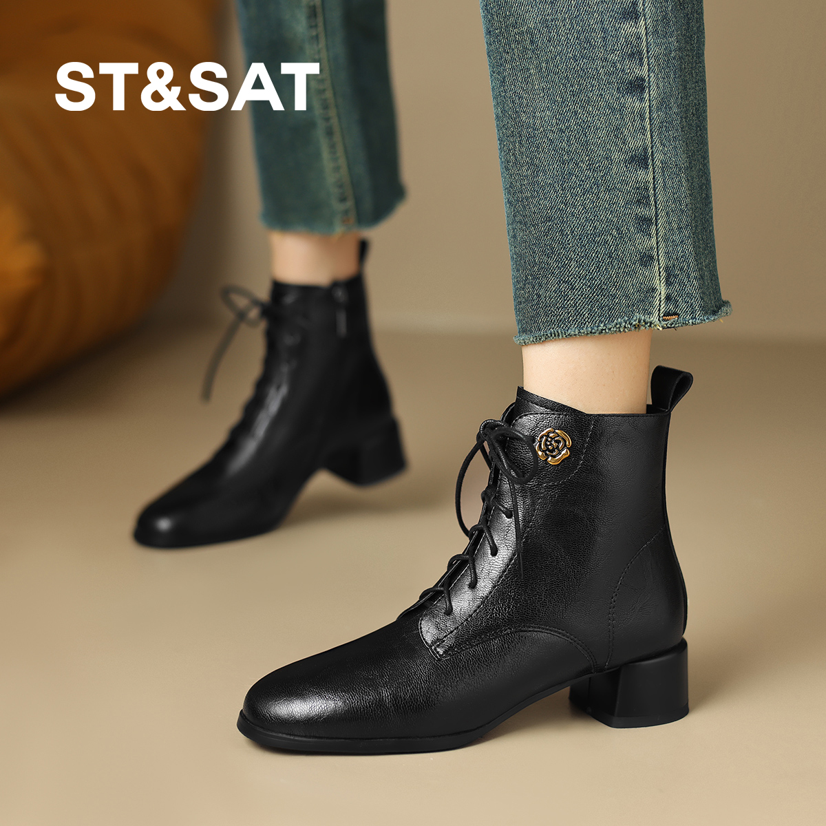 星期六舒适通勤女靴子秋冬季2025新款马丁靴英伦风粗跟增高瘦瘦靴