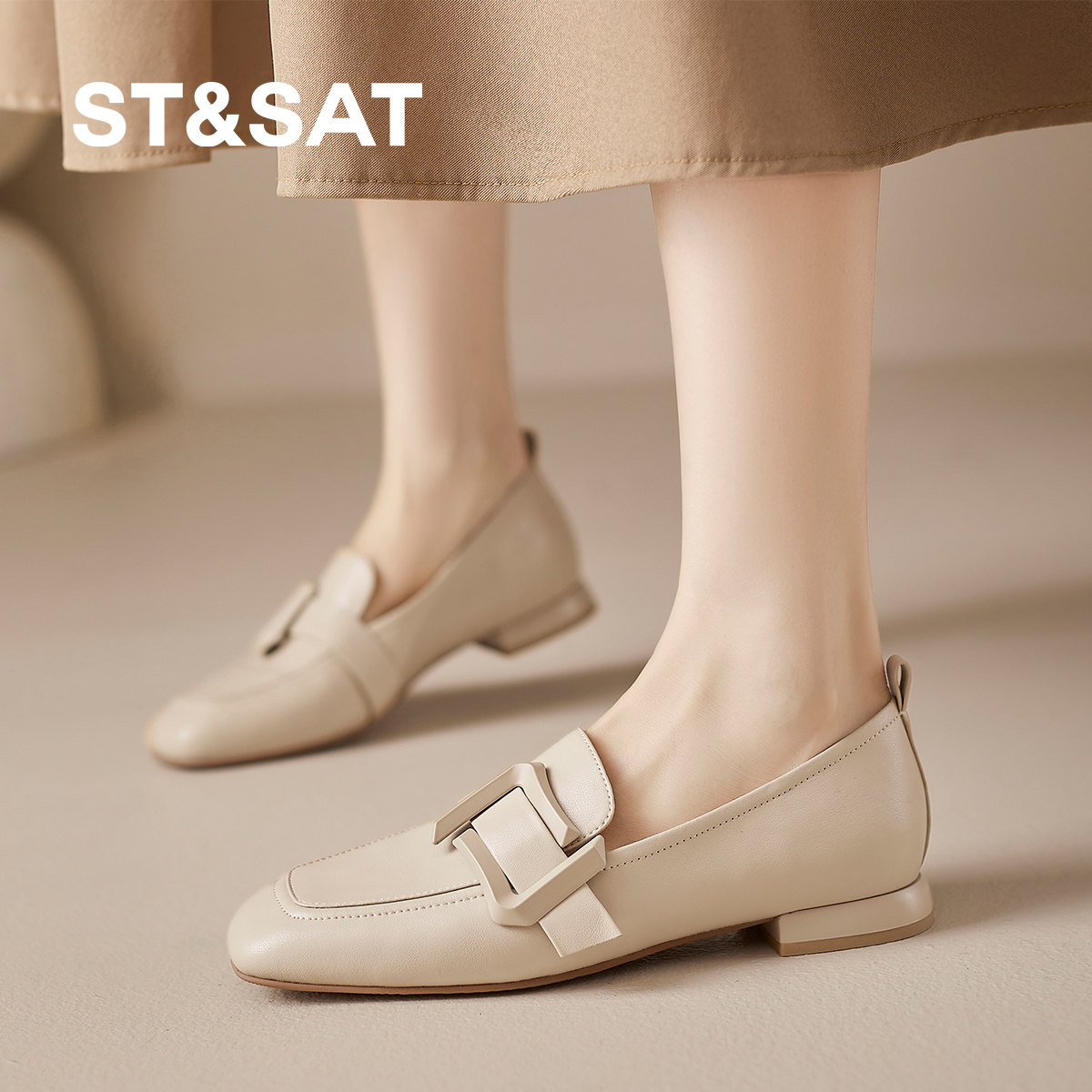 星期六夏季新款软底通勤法式方头小皮鞋一脚蹬平底百搭气质女单鞋