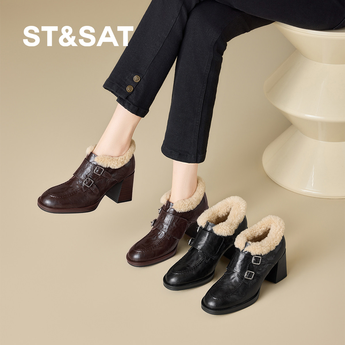 星期六深口单鞋女冬季新款加绒高跟皮带扣通勤鞋圆头复古粗跟女鞋,女鞋,深口单鞋,淘宝优惠券,粉丝福利购,淘宝优惠卷