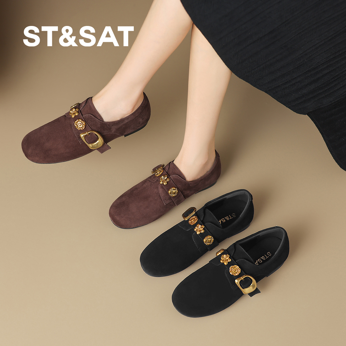 星期六2025新款复古金扣粗跟乐福鞋女外穿软底不累脚舒适通勤鞋