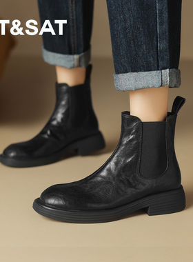 【羊皮加绒】星期六英伦马丁靴26年秋冬圆头时尚中跟短筒女鞋短靴
