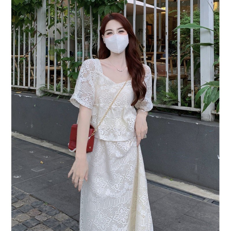 速发大码丝024夏季胖妹妹法式小方+蕾丝上衣领蕾2高腰半身裙两件