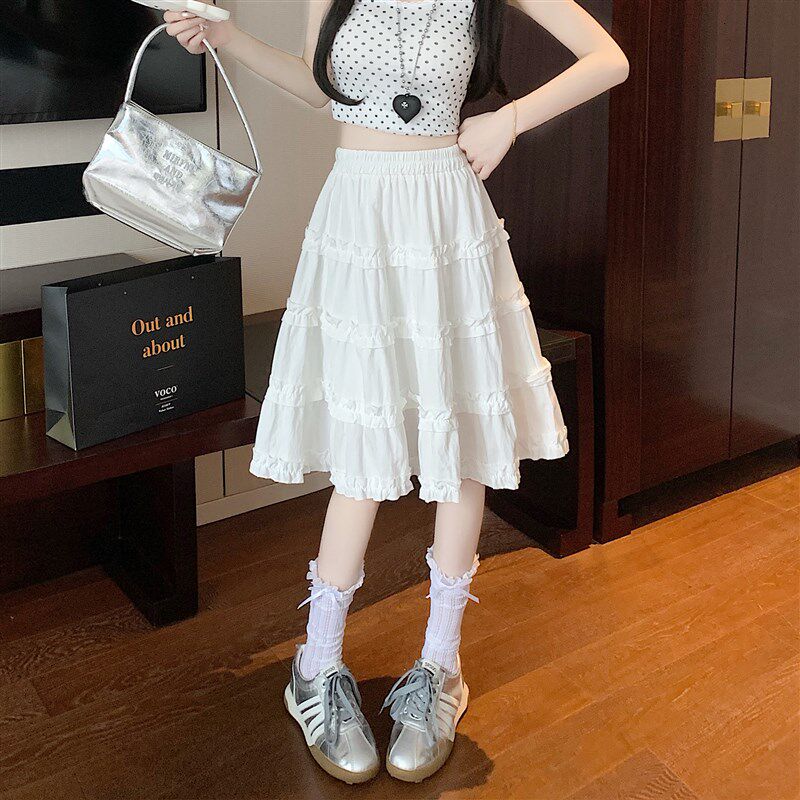 速发白色蛋中裙半身裙夏高褶松紧腰a字中裙大摆百腰裙糕长裙子