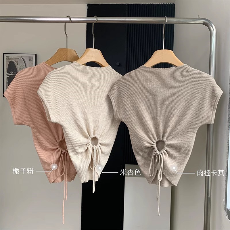 速发后感绑带针织tT恤夏季设计背圆领款头辣妹短套针织上衣