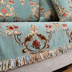 速发生产夏季欧式色园花格蓝色沙发巾沙发坐垫龙须风边多田通用款