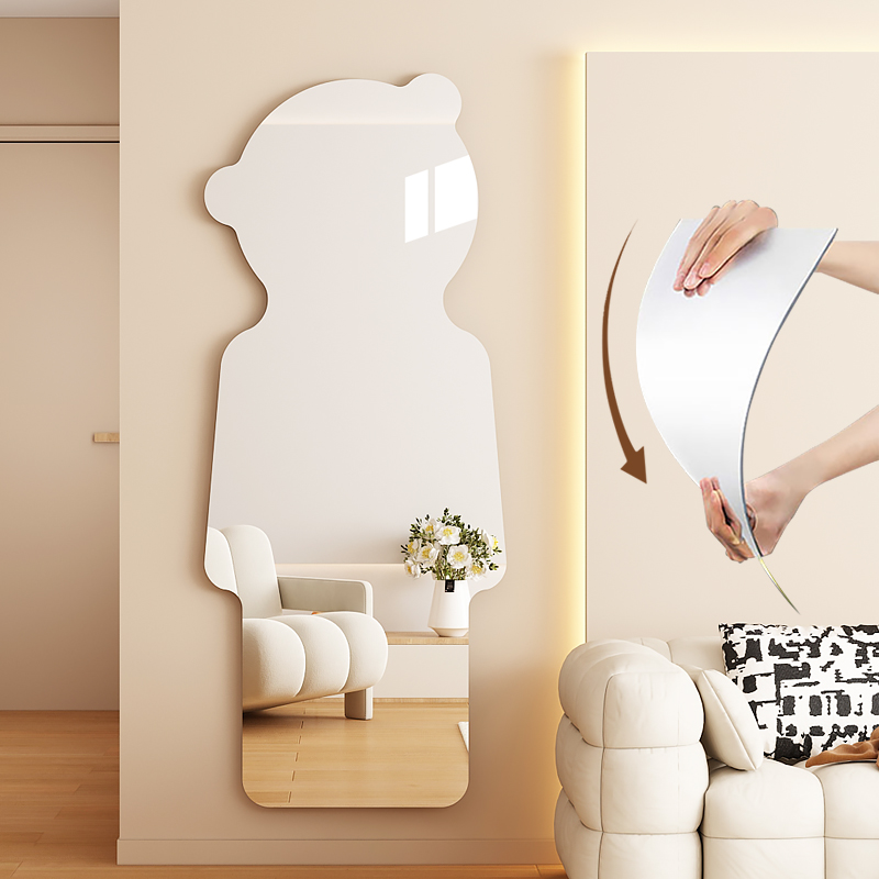 速发奶油风家用自衣镜卧室贴墙试镜亚克力门后全身穿衣镜软粘子