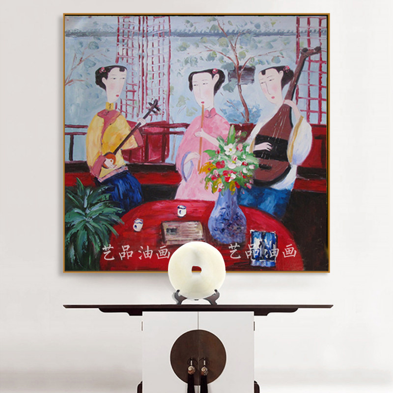 现货速发油画纯手绘人物抽象画立体新中式美庭院风景装饰画茶楼玄图片
