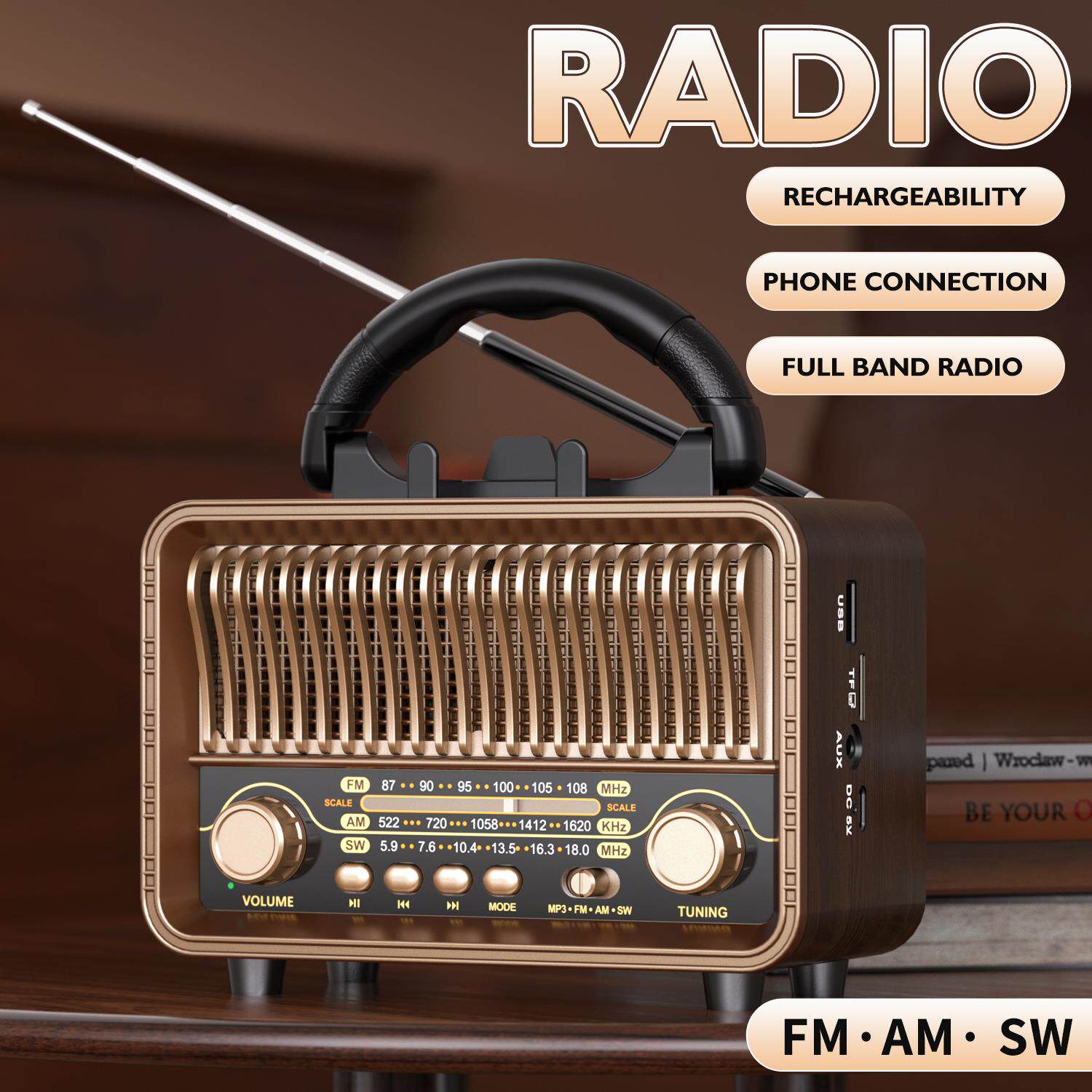 复古便携收音机AM/FM/SW带天线