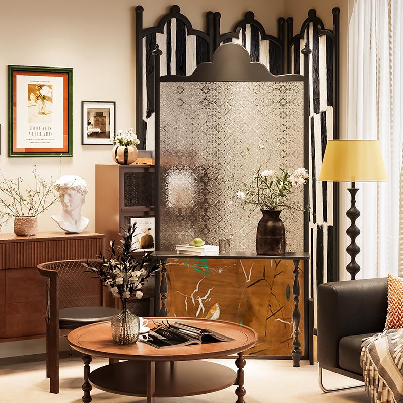 法式屏风隔断客厅玄关家用漆画 画实木可移动家用遮挡玻璃入户门